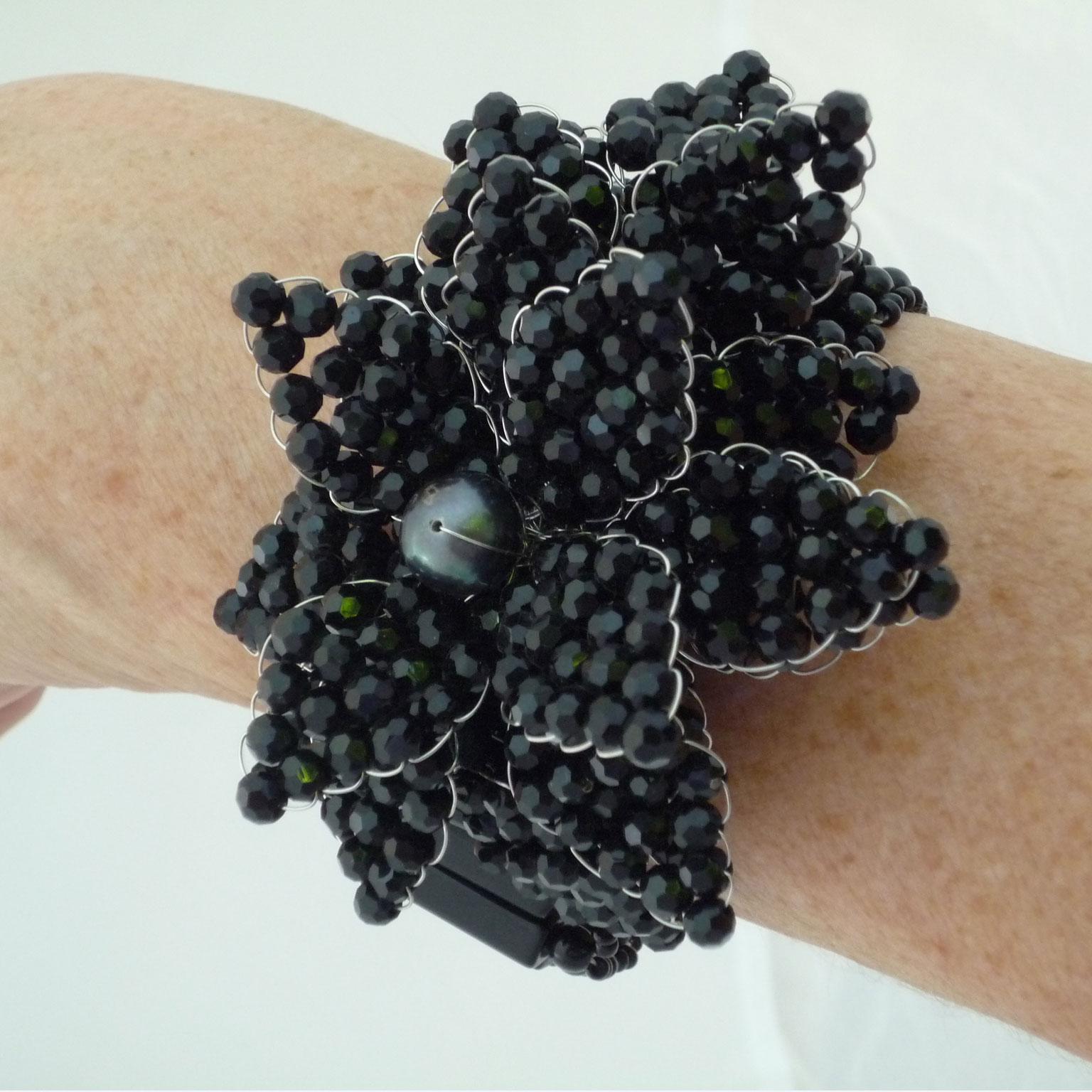 Bracelet made of black limestone and black Swarovski pearls For Sale 1