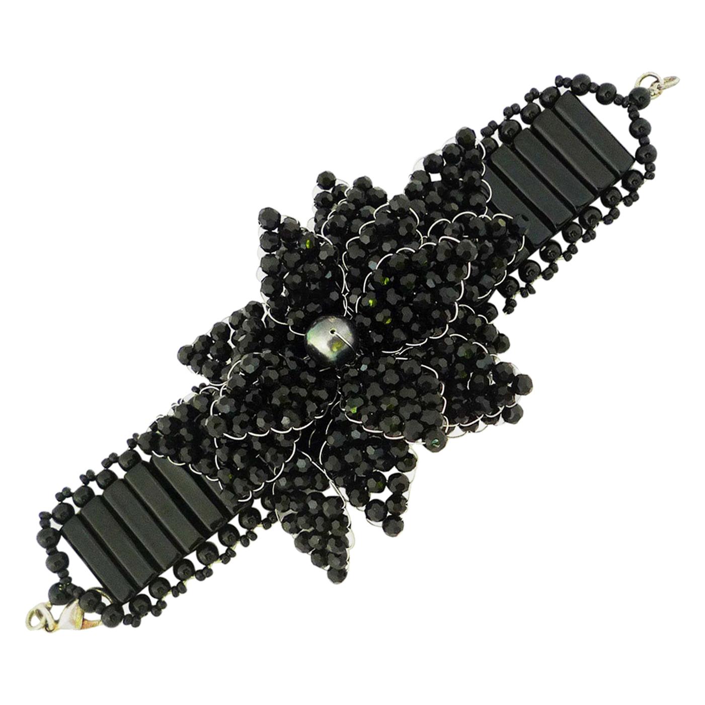 Bracelet made of black limestone and black Swarovski pearls For Sale