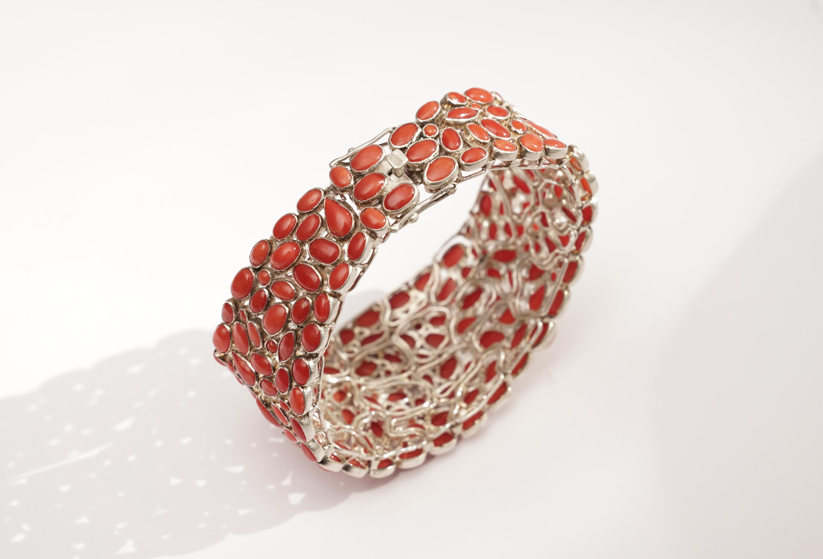 Women's or Men's Bracelet Mosaic of Italian Coral Set in Sterling Silver
