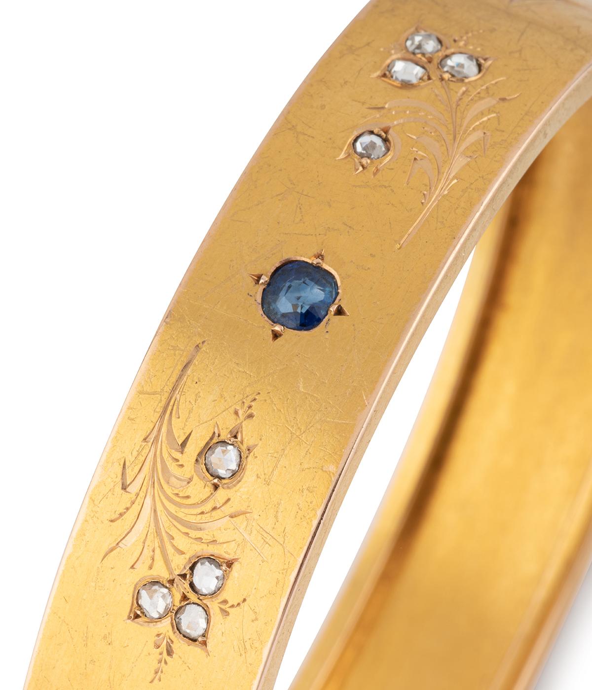 Mixed Cut Bracelet Napoléon III en or 18 carats, saphir et diamants For Sale