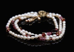 Pearl, Pink Tourmaline, Rubies, Garnet, and Gold Bracelet