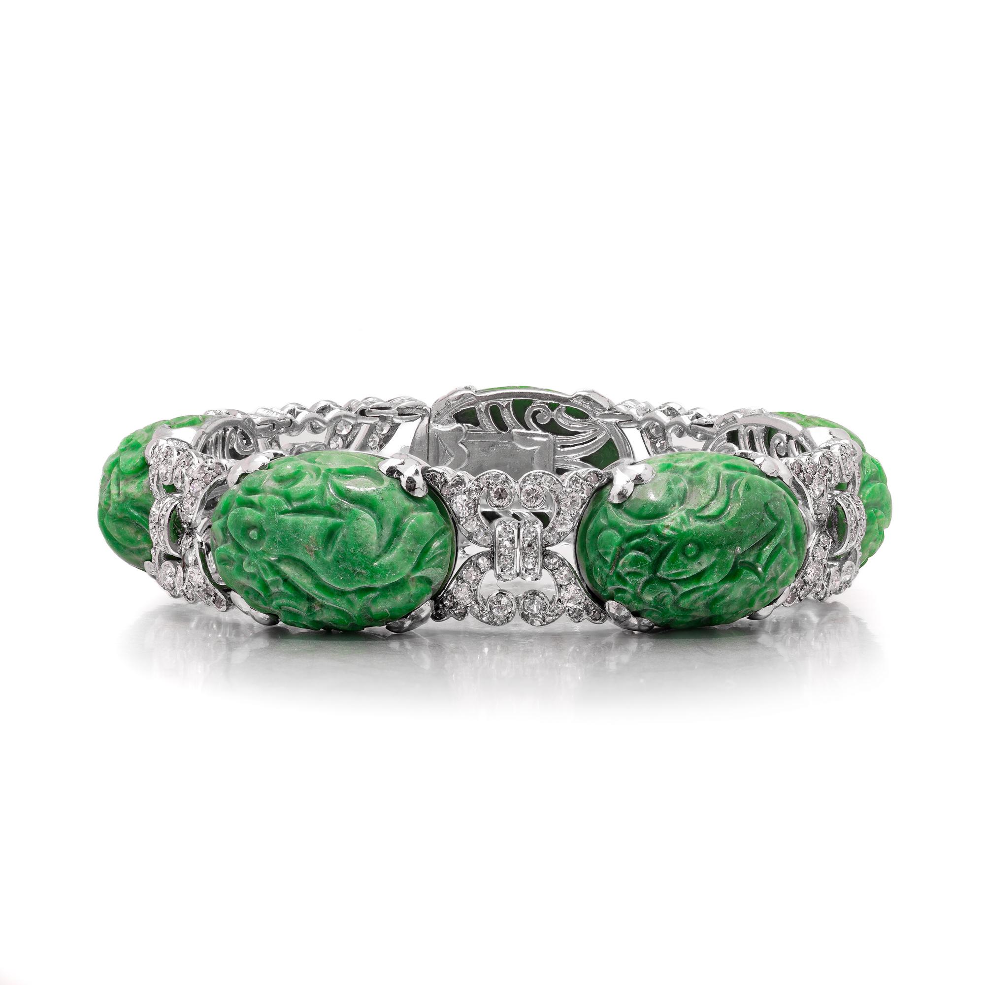 Taille brillant Bracelet Platine Diamant et Jade sculpté A Link Jade en vente