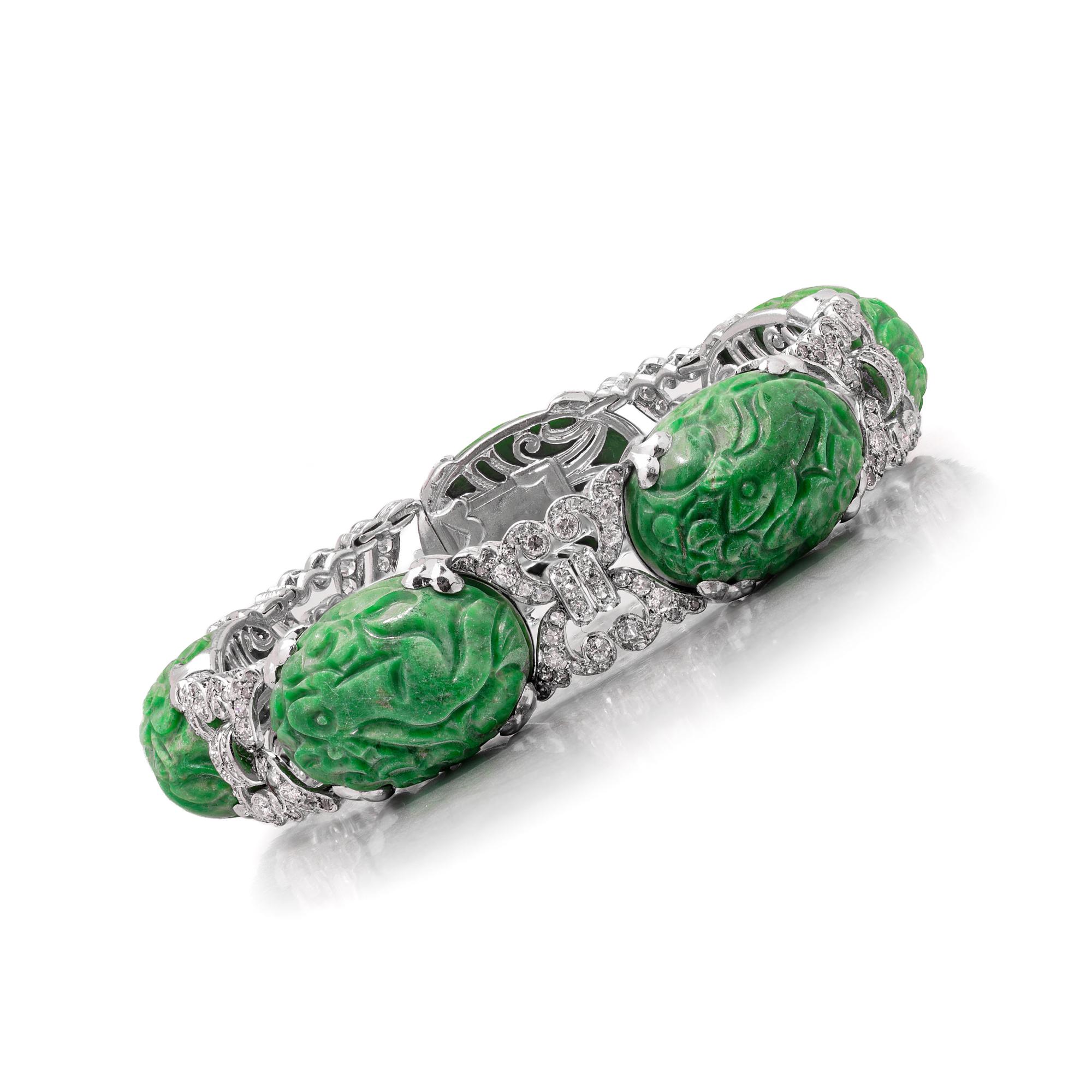 Bracelet Platine Diamant et Jade sculpté A Link Jade Pour femmes en vente