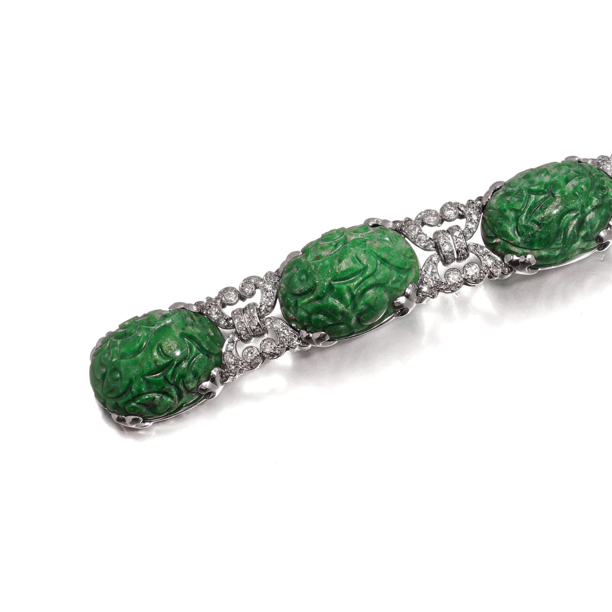 Bracelet Platine Diamant et Jade sculpté A Link Jade en vente 1