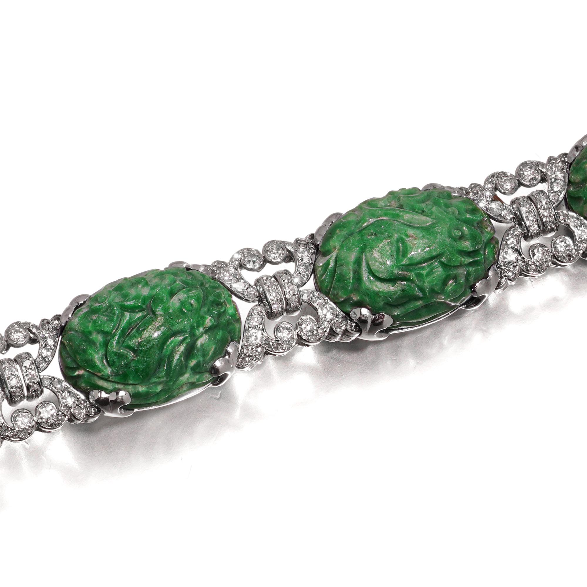 Bracelet Platine Diamant et Jade sculpté A Link Jade en vente 2
