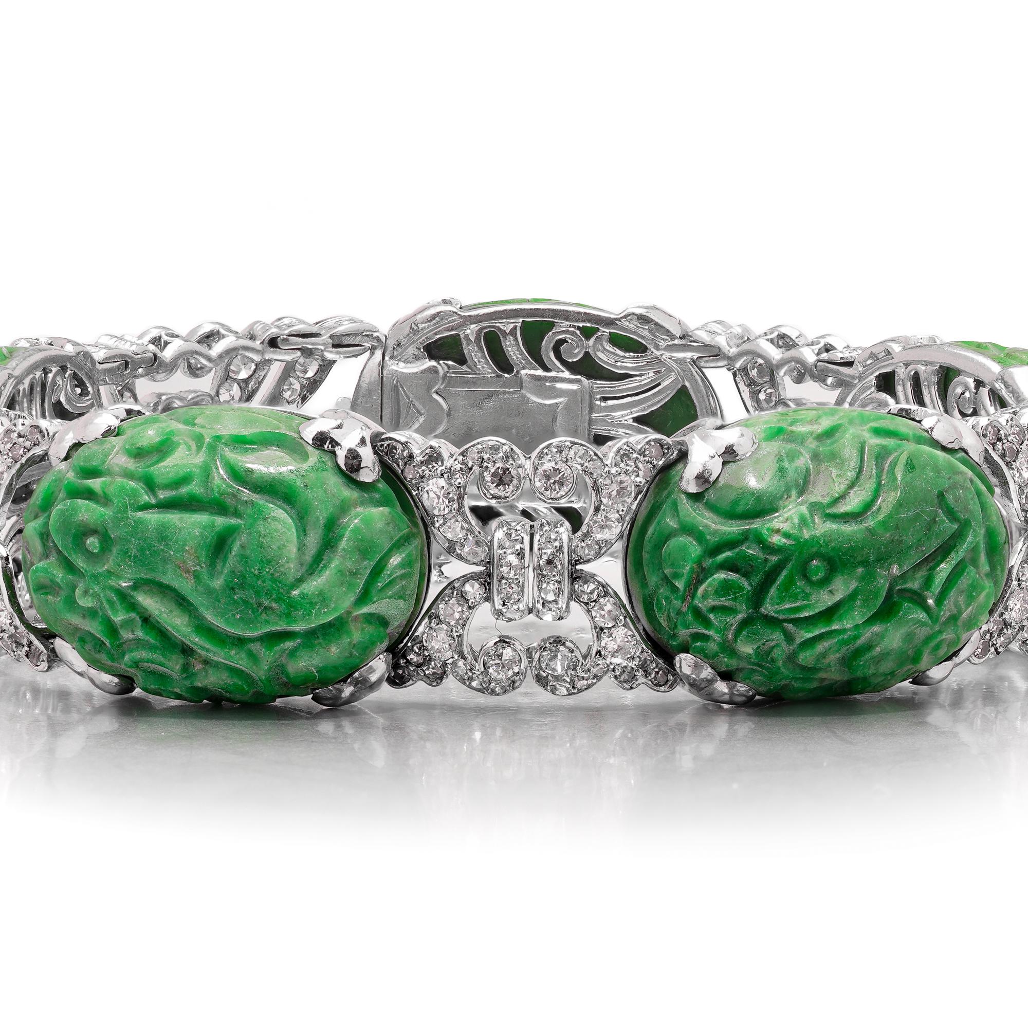Bracelet Platine Diamant et Jade sculpté A Link Jade en vente 3
