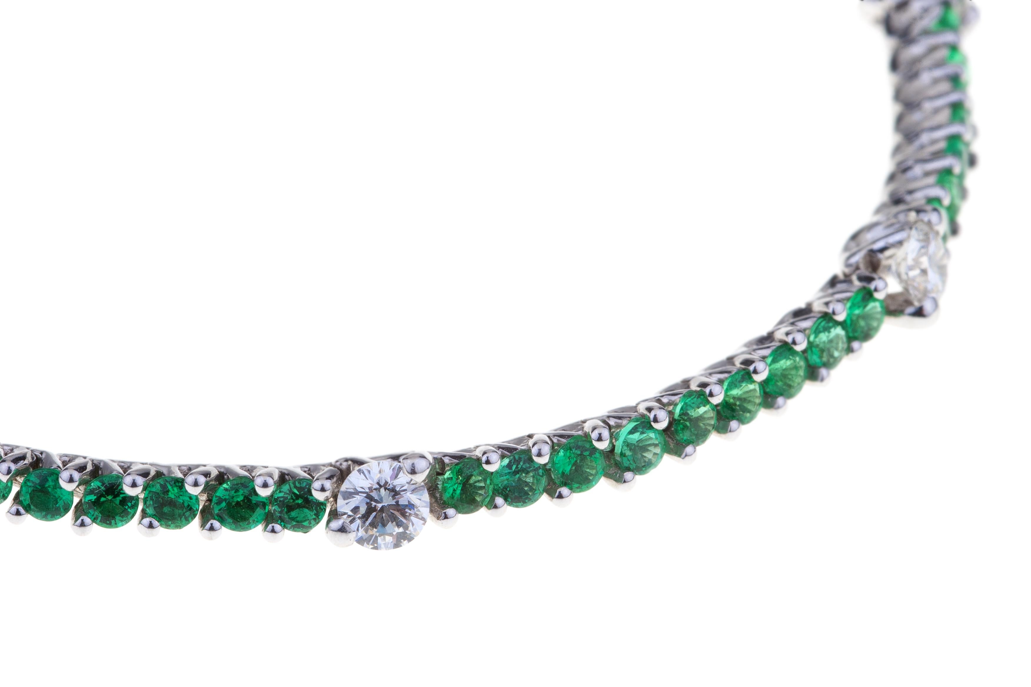 Brilliant Cut Bracelet Tennis with Emeralds and Diamonds White Gold For Sale