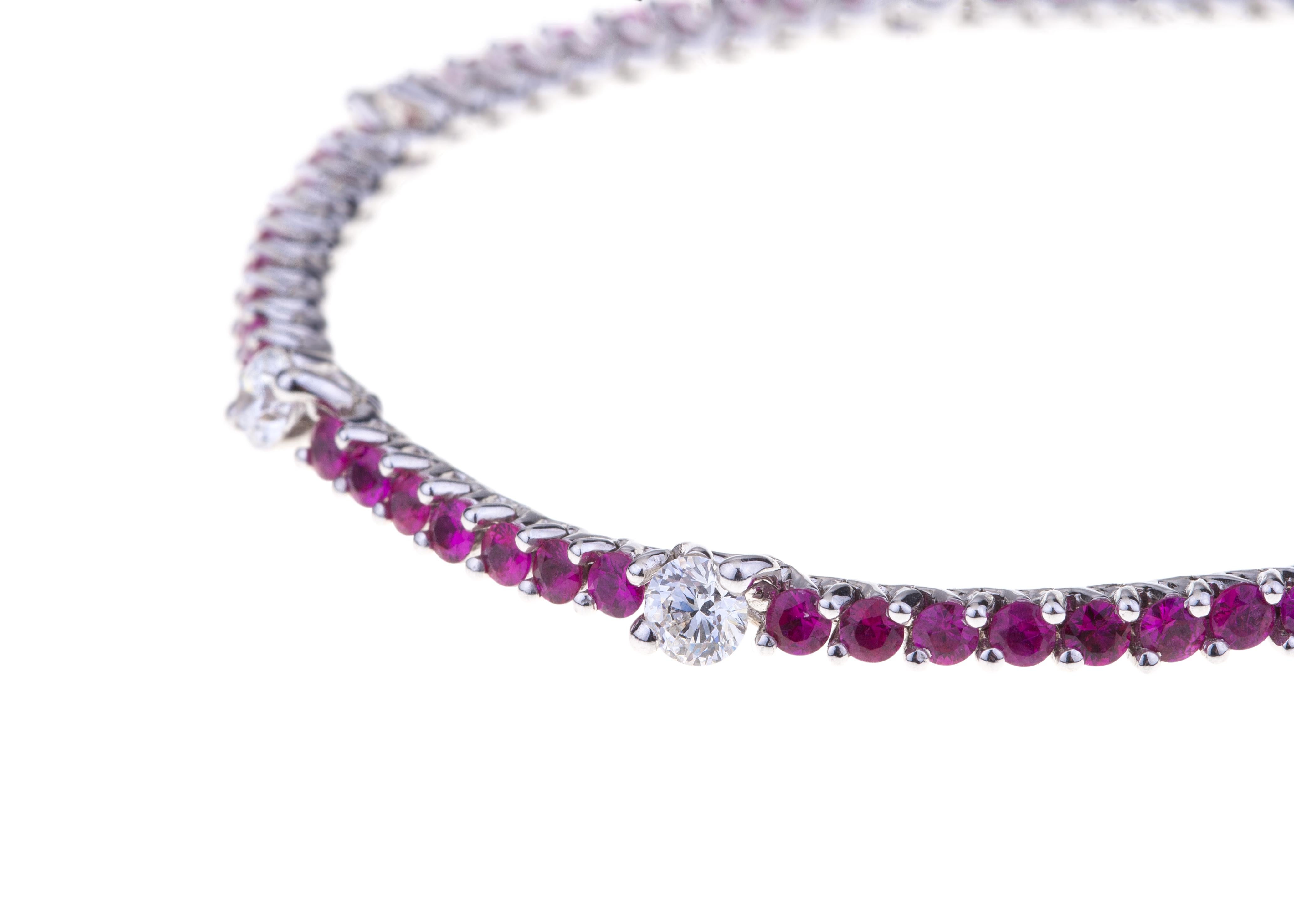 Brilliant Cut Bracelet Tennis with Rubies and Diamonds White Gold For Sale