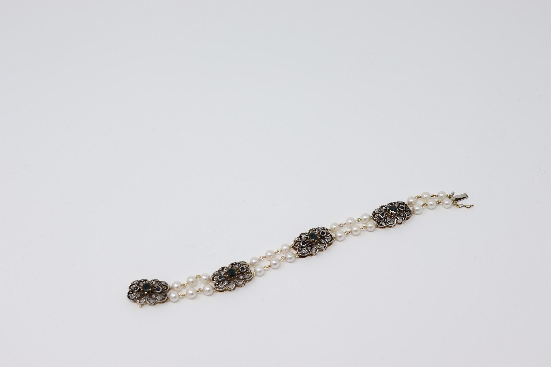 Bracelet Two Strands of Pearl, Gold and Silver, Sapphires and Diamonds, 1980 For Sale 2