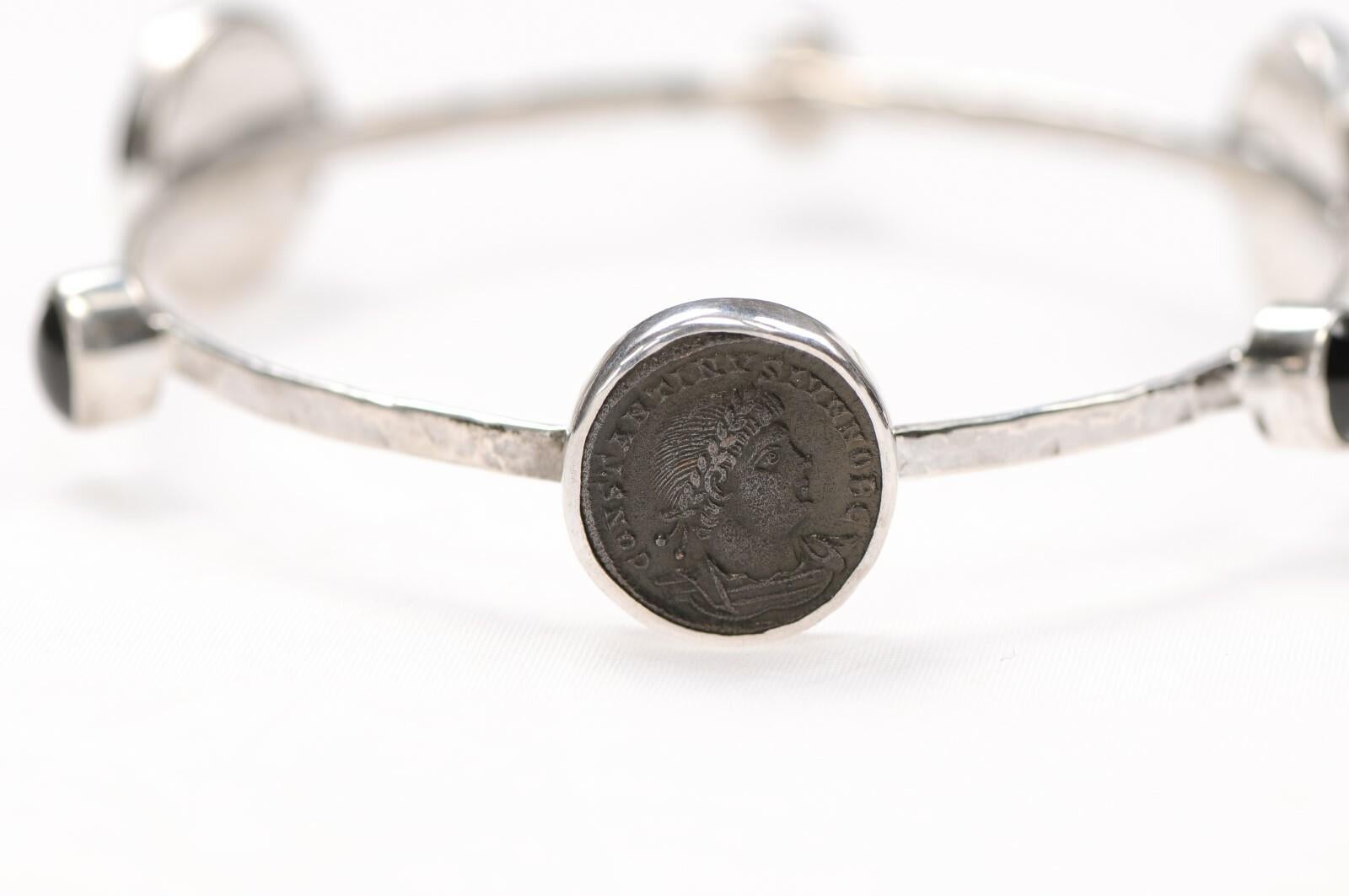 Artisan Elegant Bracelet w/ 3 Roman Coins in Sterling Silver For Sale
