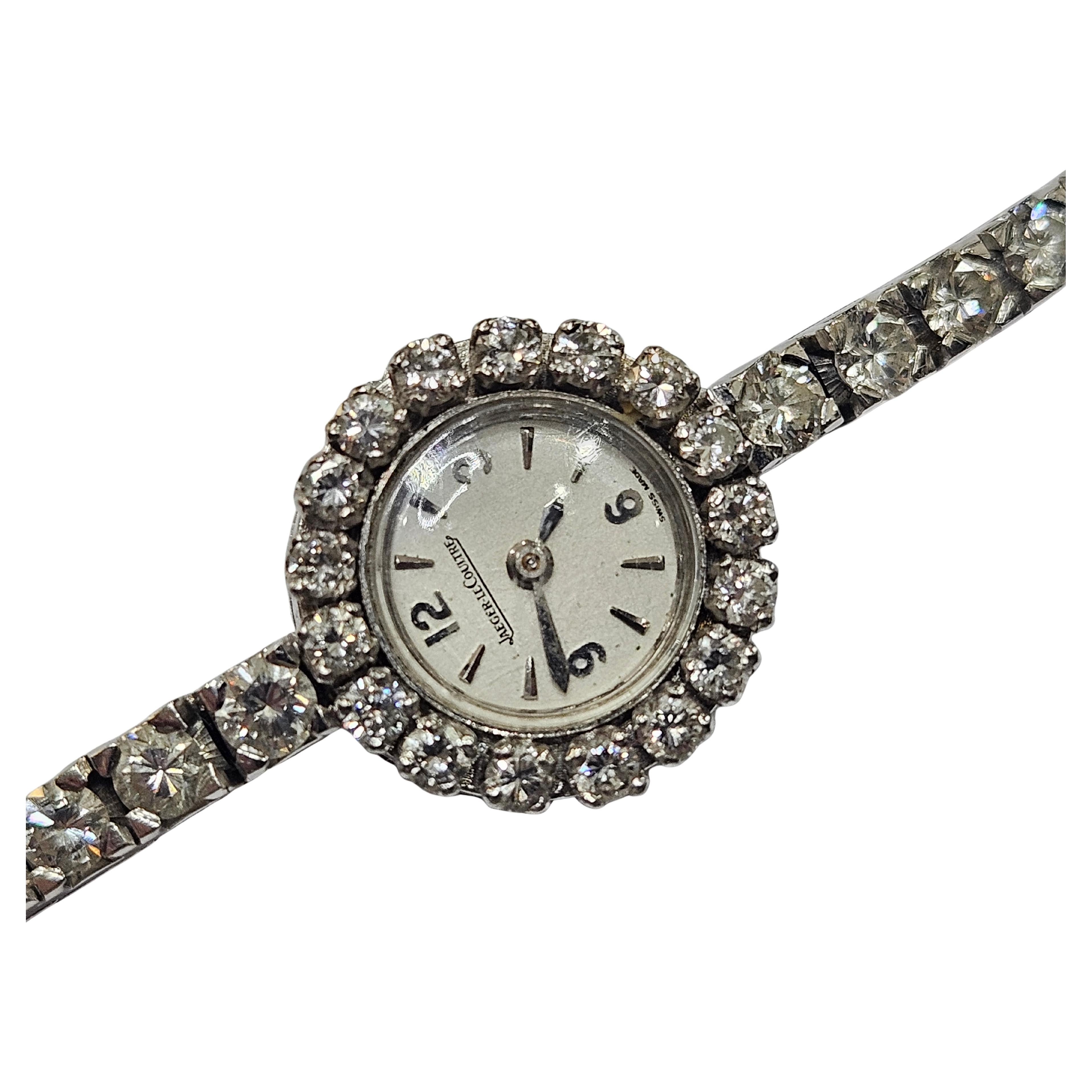 Beautiful and original semi-rigid bracelet Wacht Jeager-Lecoultre make in 18 karat white gold with 61 brilliant-cut diamonds of 0.08 cts (diameter 2.80 millimeters), total weight 5.00 cts. Clarity Vs1 and color G. 
Prong setting.
Tongue and drawer