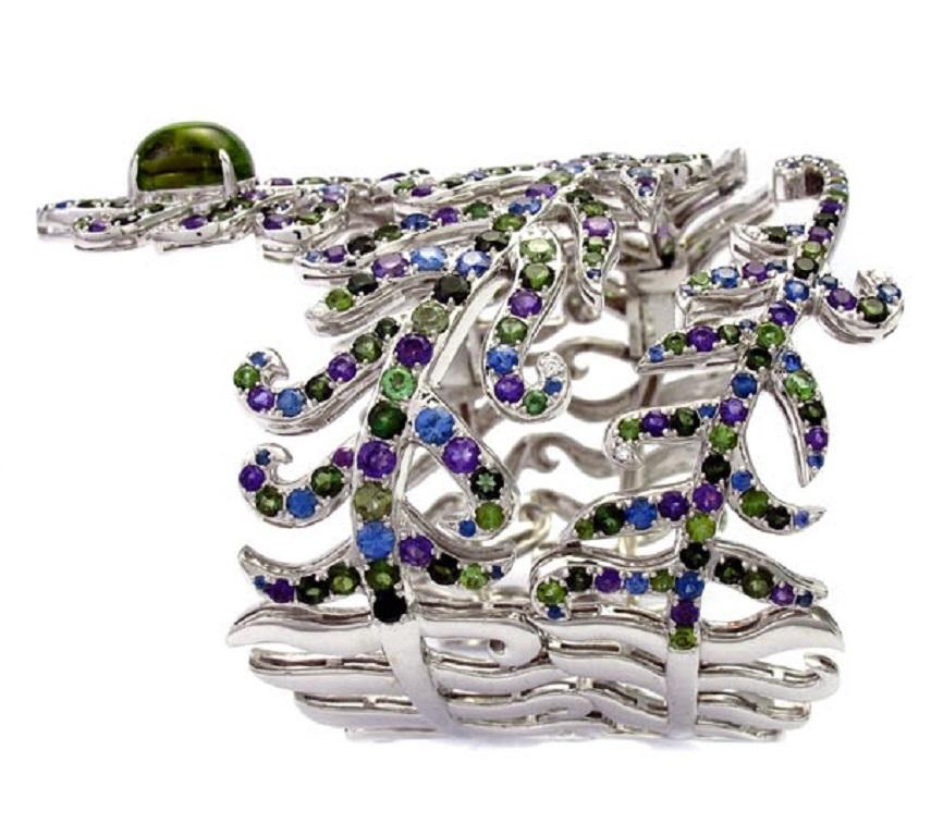 Bracelet White Gold 18k Green Tourmaline Amethyst Sapphire 23.77 Carat Diamonds 0.11 Carat