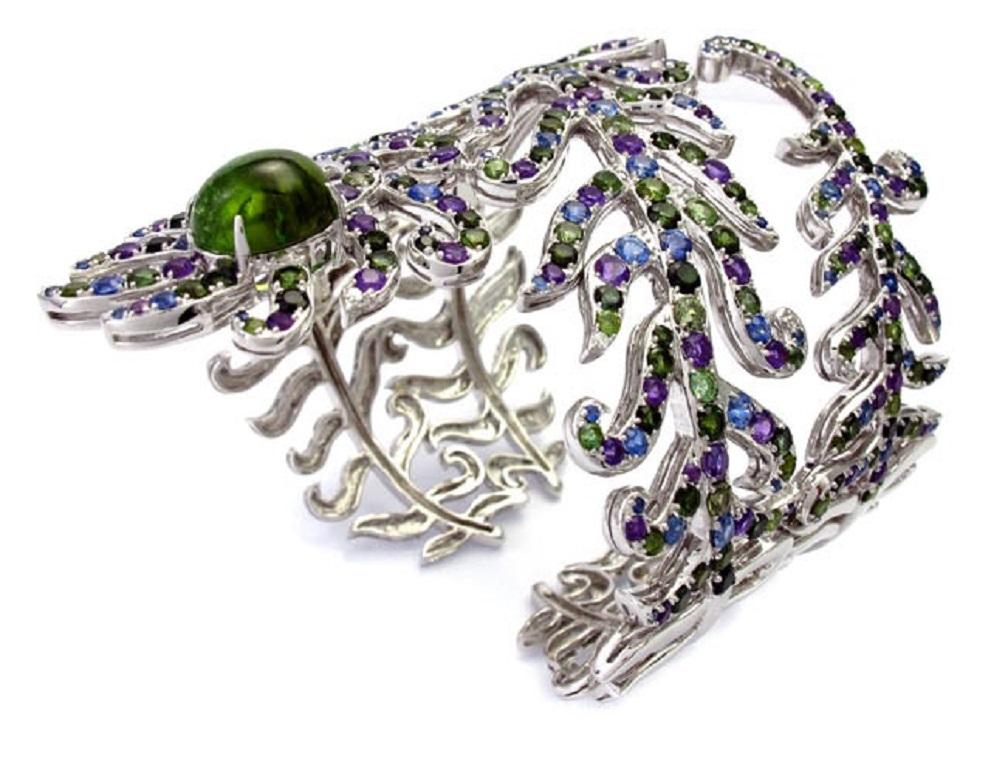Bracelet White Gold Green Tourmaline Amethyst Sapphire 23.77 Carat Diamonds In New Condition For Sale In Paris, France