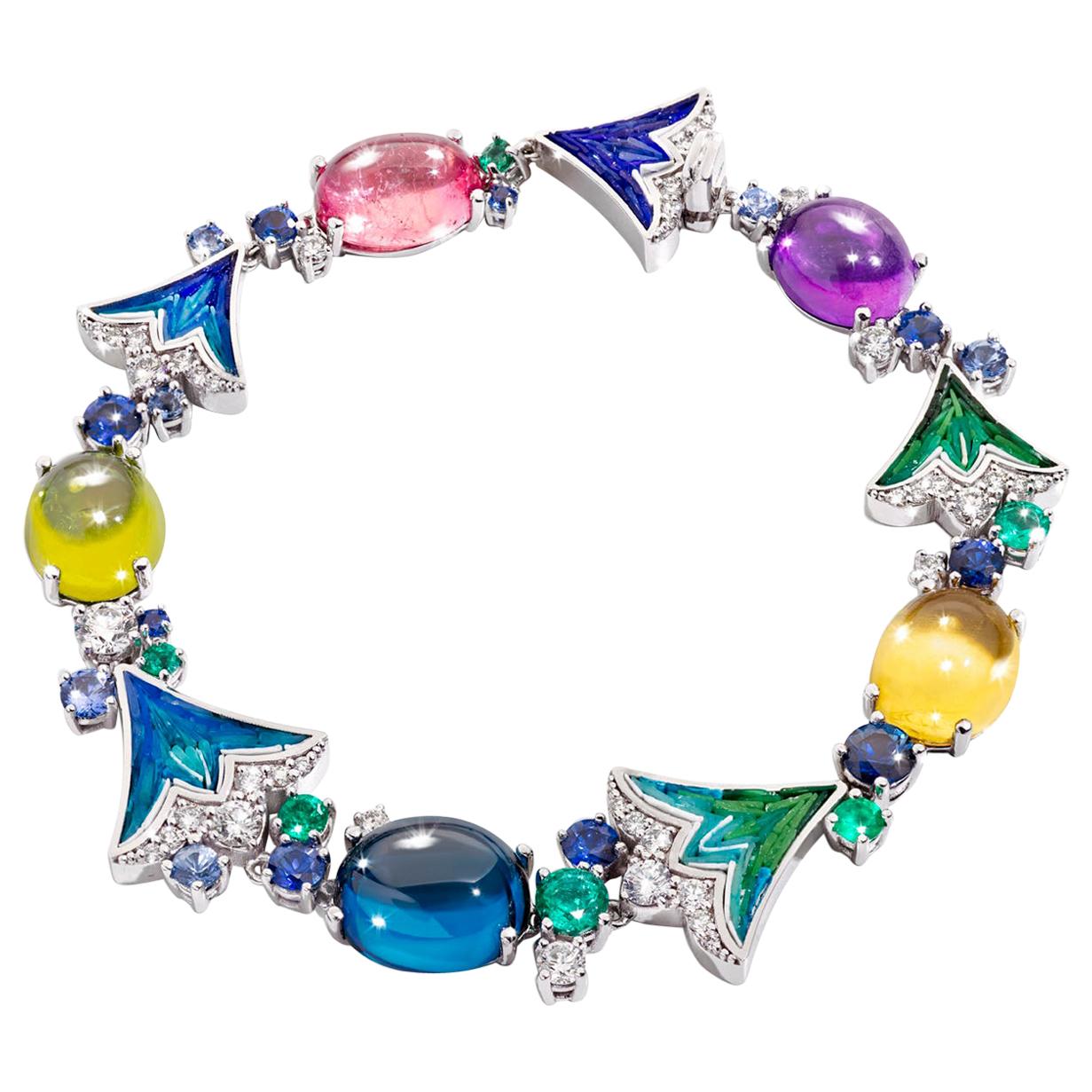 Bracelet White Gold White Diamonds BlueSapphire Emerald Amethyst Topaz Peridhote For Sale