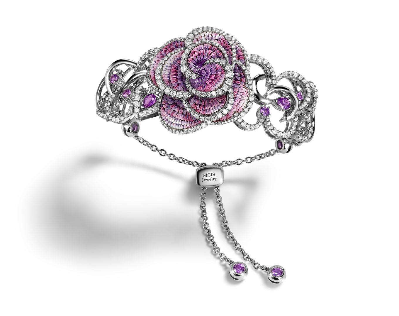 Romantic Bracelet White Gold White Diamonds Sapphires Handdecorated with MicroMosaic For Sale