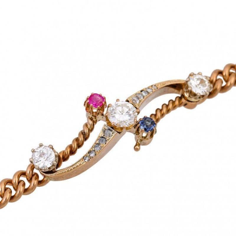 Old European Cut Bracelet with 3 Large Diamonds, Ruby, Sapphire and Diamond Roses For Sale