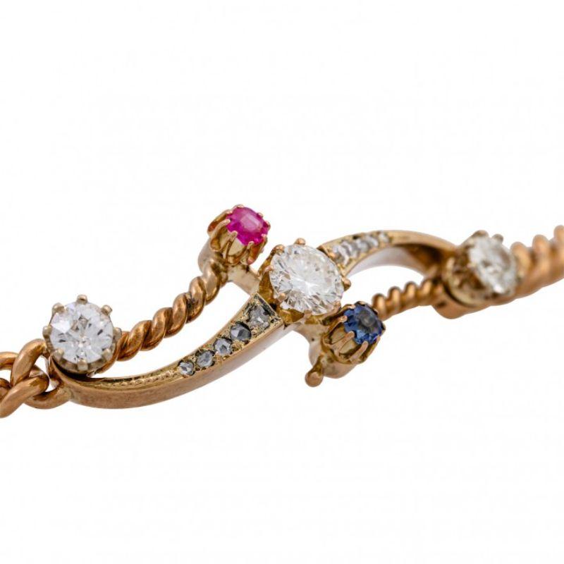 Bracelet with 3 Large Diamonds, Ruby, Sapphire and Diamond Roses In Fair Condition For Sale In Stuttgart, BW