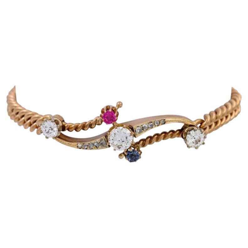 Bracelet with 3 Large Diamonds, Ruby, Sapphire and Diamond Roses For Sale