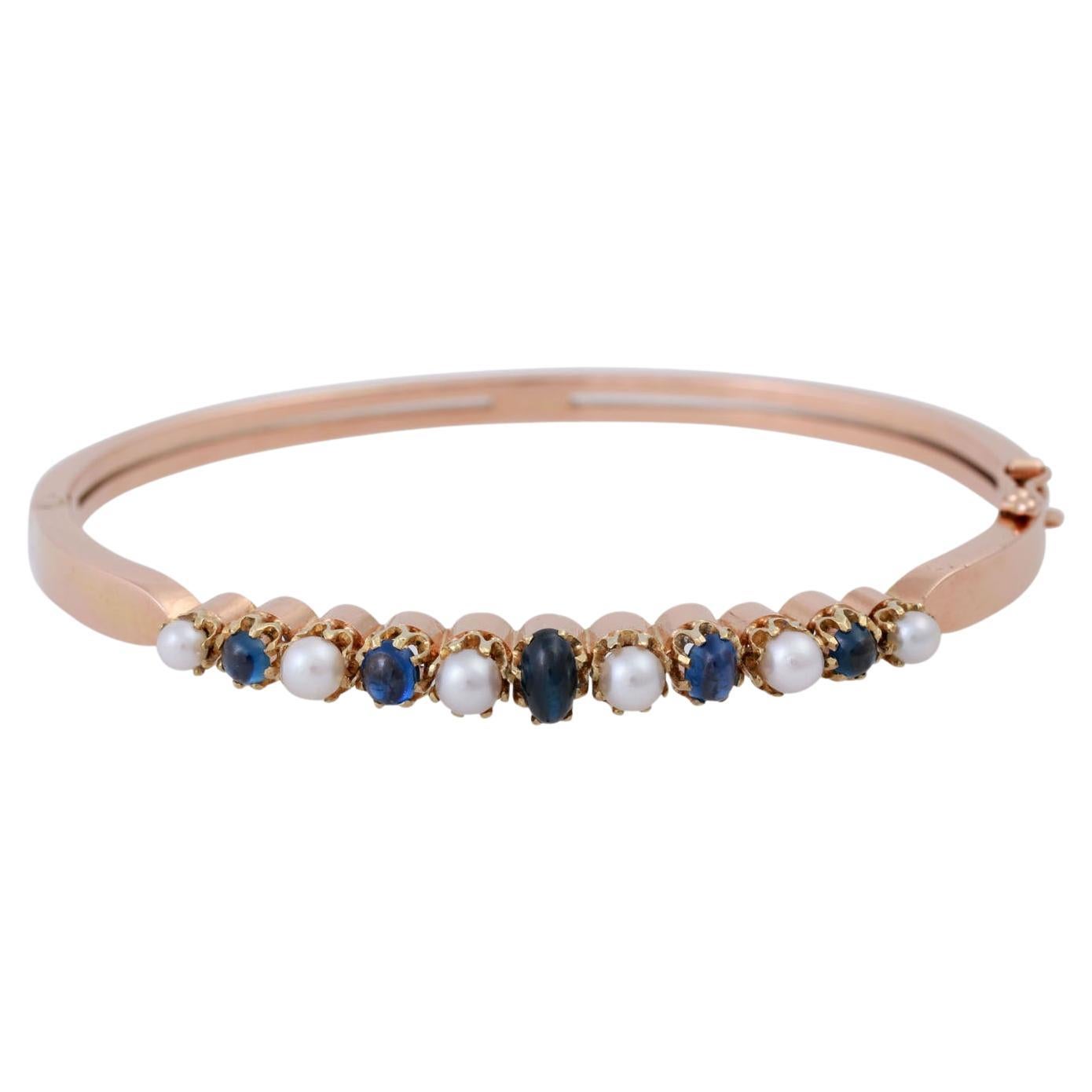 Bracelet with 5 sapphire cachons and 6 cultured pearls, For Sale