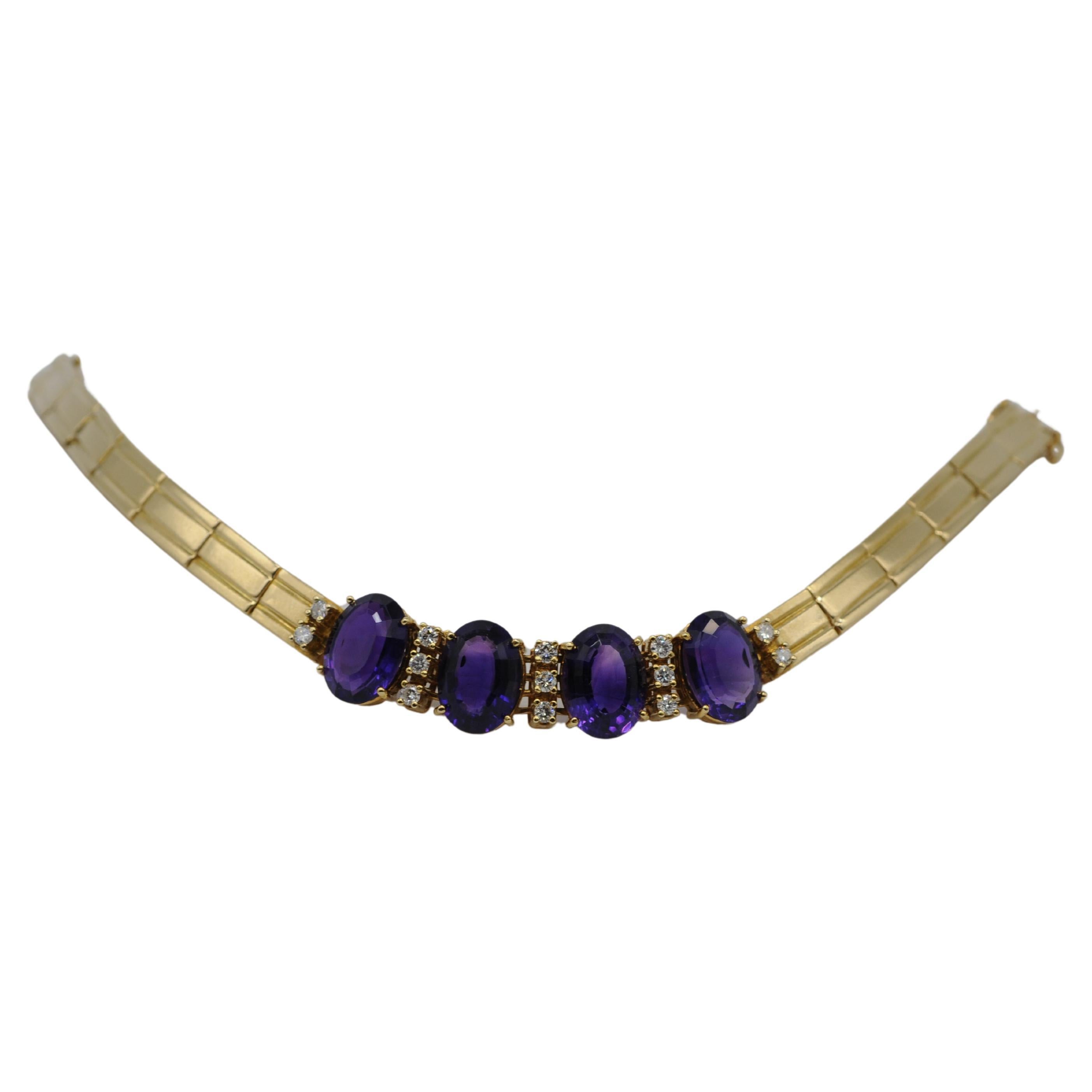 
Indulge in the dreamlike beauty of this exquisite 18k yellow gold bracelet—a true masterpiece of craftsmanship. This substantial bracelet boasts thick links adorned with four amethysts, each expertly cut in an oval shape reminiscent of emerald