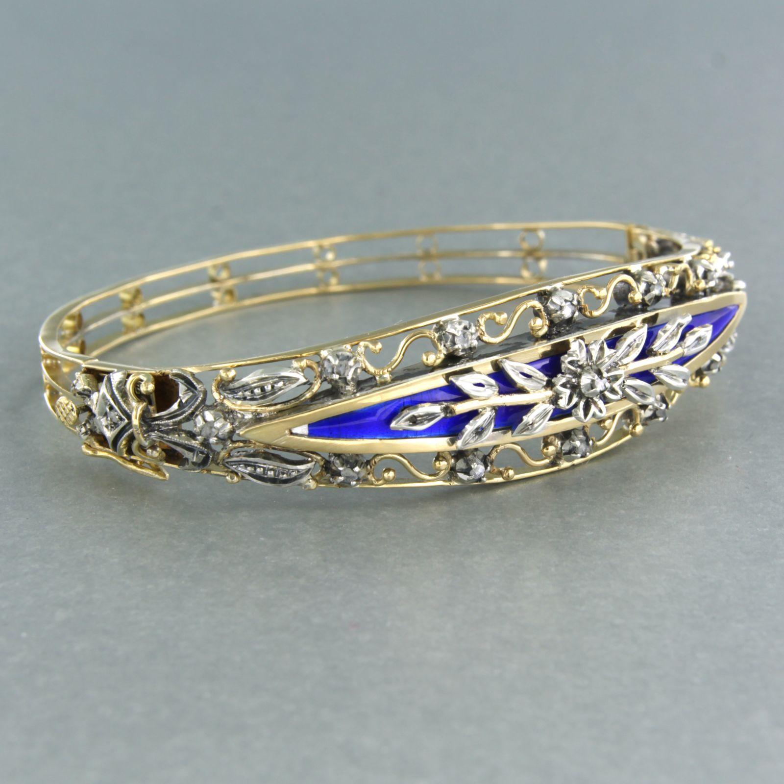 Rose Cut Bracelet with blue enamel and diamonds 18k gold with silver For Sale