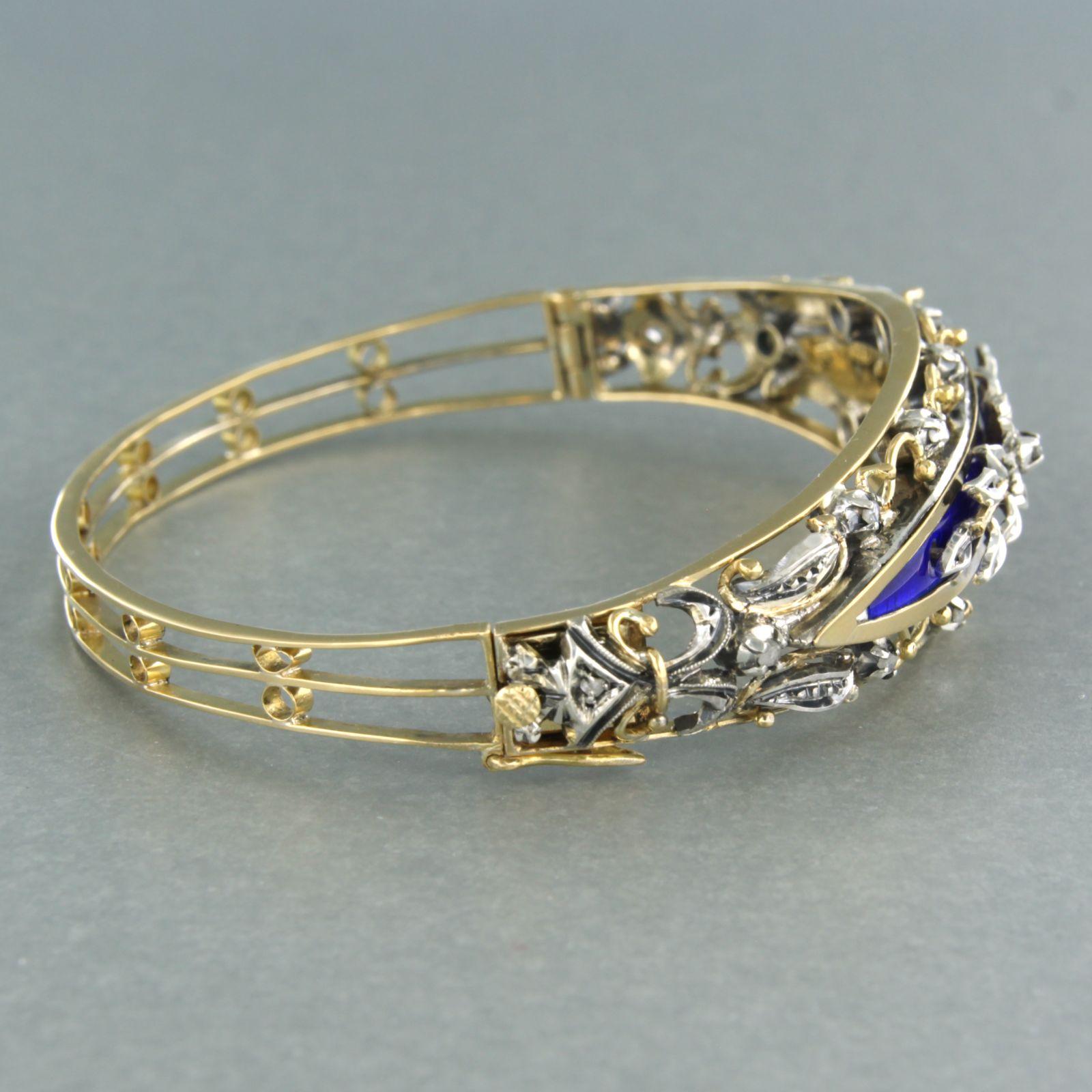 Early Victorian Bracelet with blue enamel and rose cut diamonds 18k gold with silver 21.0 grams For Sale
