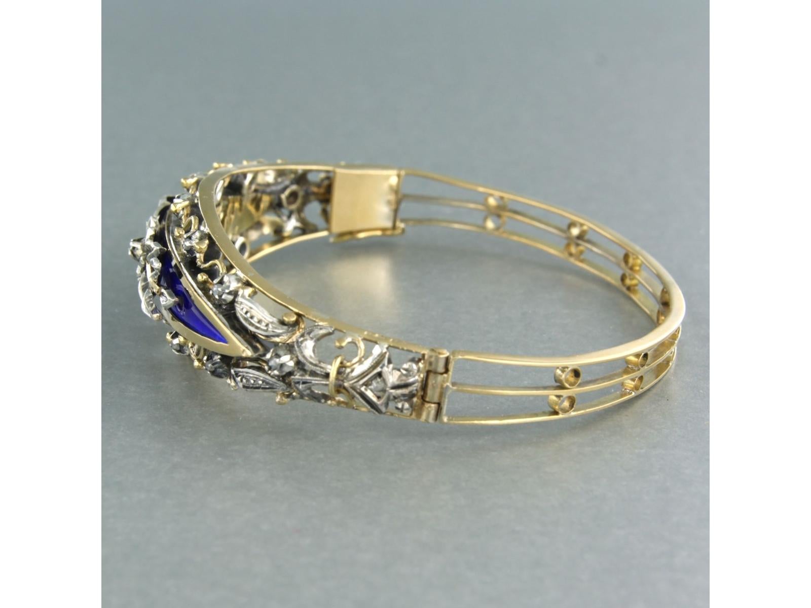 Rose Cut Bracelet with blue enamel and rose cut diamonds 18k gold with silver 21.0 grams For Sale