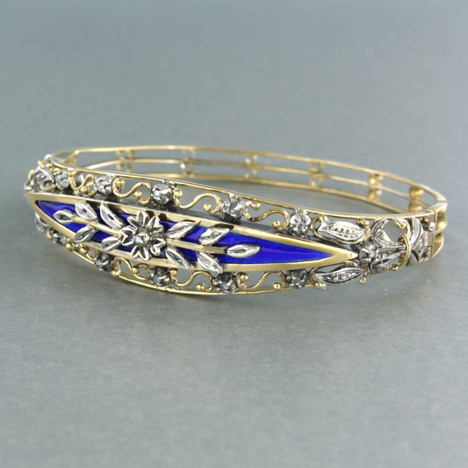 Women's Bracelet with blue enamel and rose cut diamonds 18k gold with silver 21.0 grams For Sale