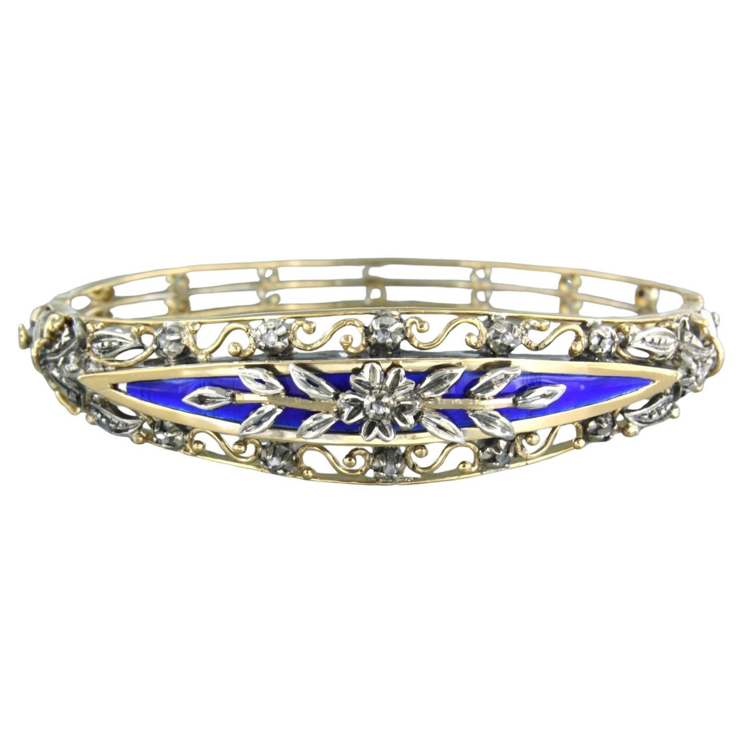 Bracelet with blue enamel and rose cut diamonds 18k gold with silver 21.0 grams For Sale