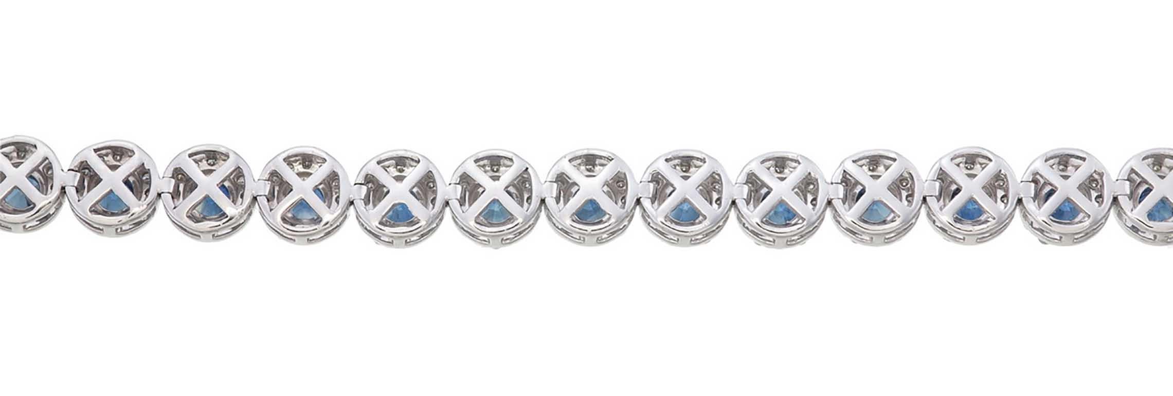 Artisan Blue Sapphire & Halo Diamond Tennis Bracelet Round Cut 18K White Gold For Sale