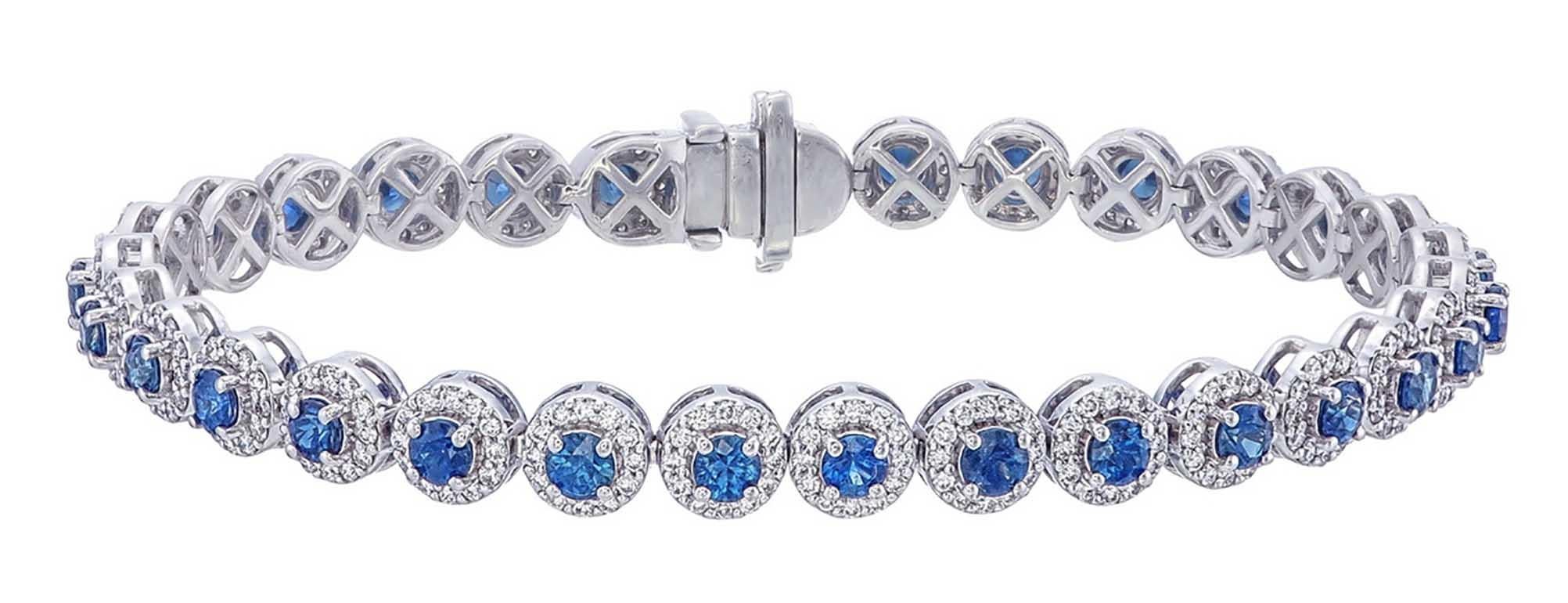 Brilliant Cut Blue Sapphire & Halo Diamond Tennis Bracelet Round Cut 18K White Gold For Sale