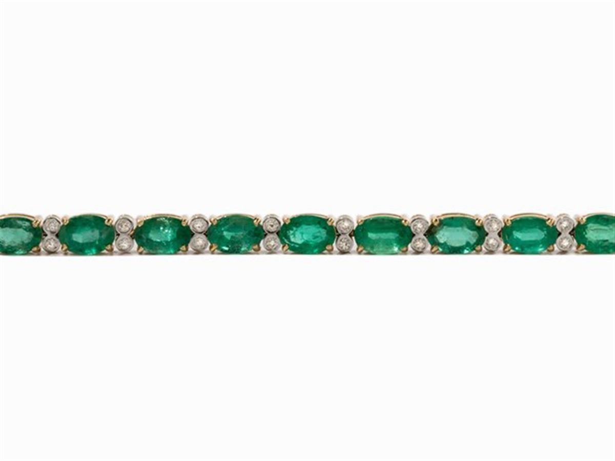 Bracelet with Diamonds and Emeralds, 585 Yellow Gold In Excellent Condition In Bad Kissingen, DE