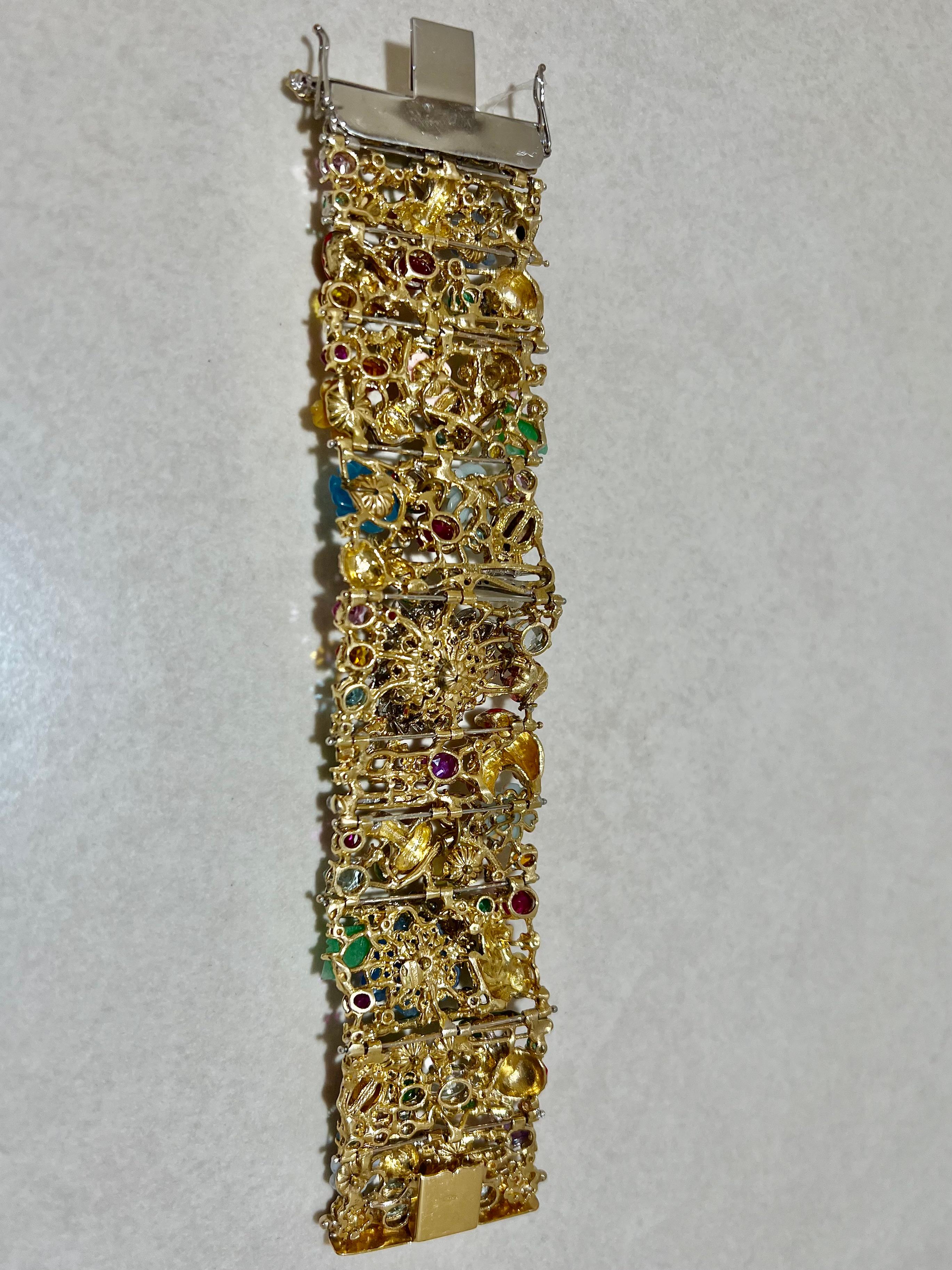Taille brillant Bracelet Santagostino en or jaune 18 carats, émail, diamants, rubis, saphir, tourmaline en vente