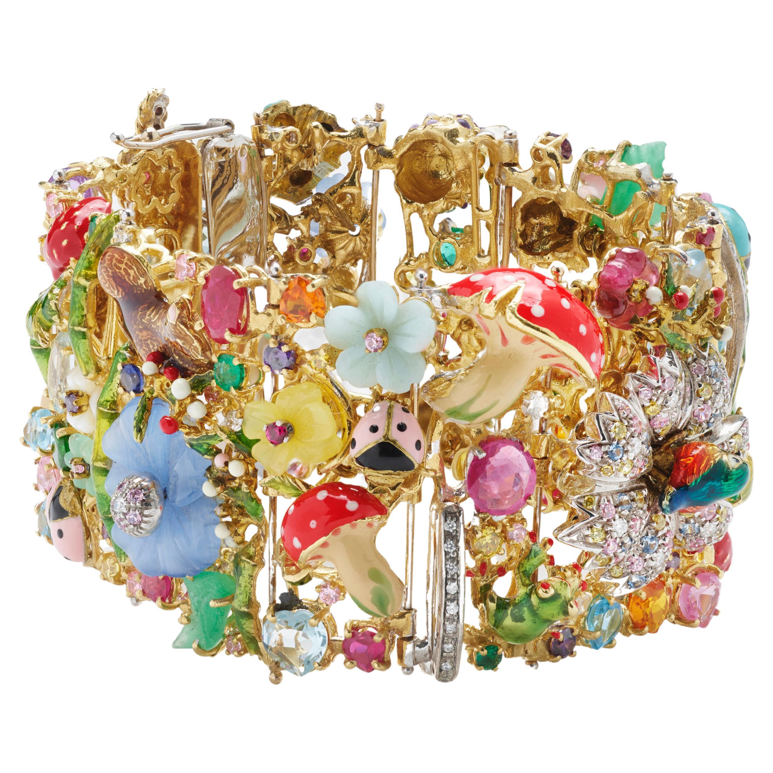 Bracelet Santagostino en or jaune 18 carats, émail, diamants, rubis, saphir, tourmaline en vente