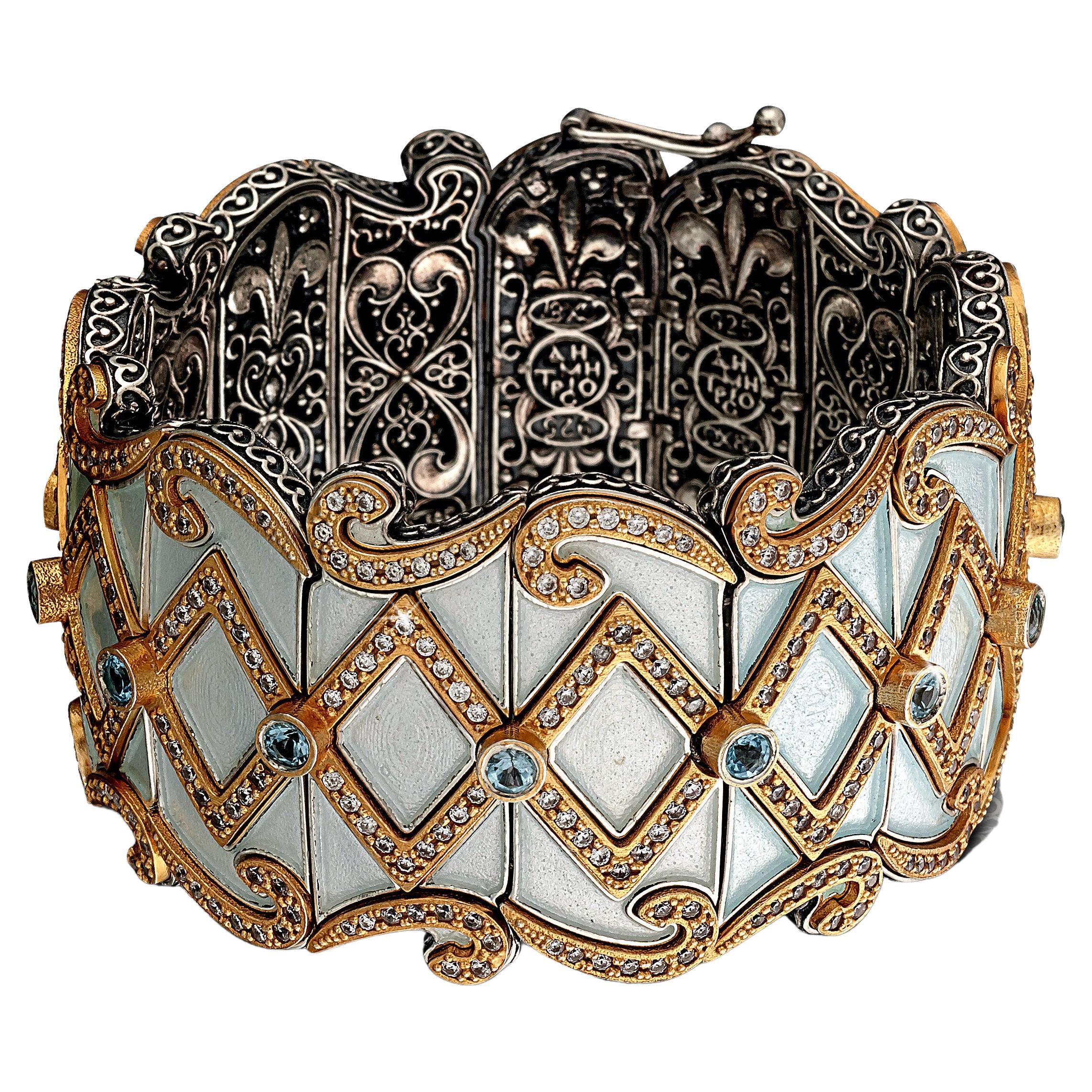 Bracelet Bangle Clasp with Enamel Swiss Blue Topaz & Zircon Byzantine Pattern For Sale