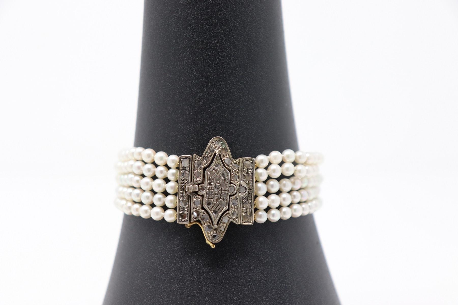 Women's Bracelet with Five Strands of Pearls, Gold and Silver, 1980s For Sale