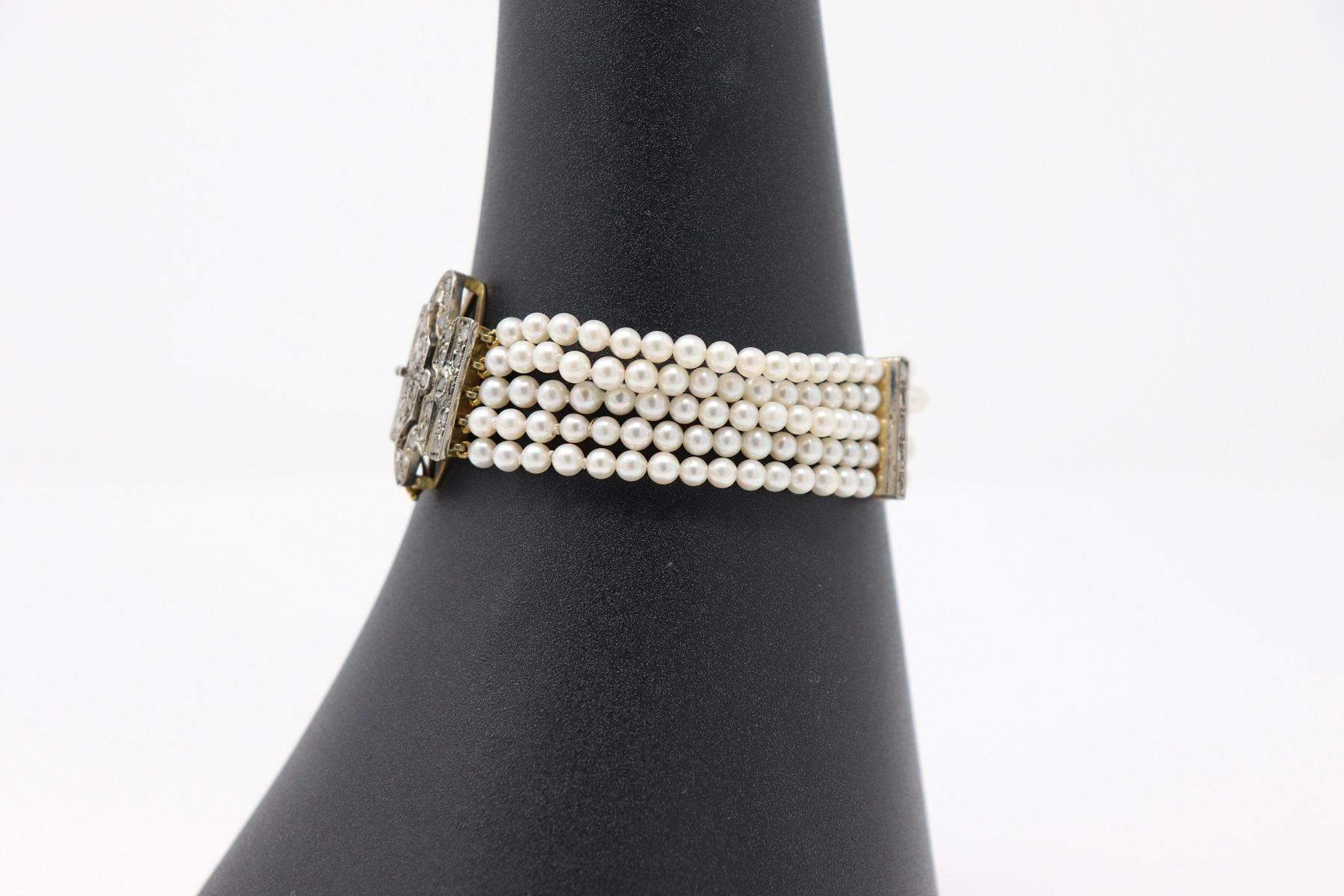 Bracelet with Five Strands of Pearls, Gold and Silver, 1980s For Sale 1