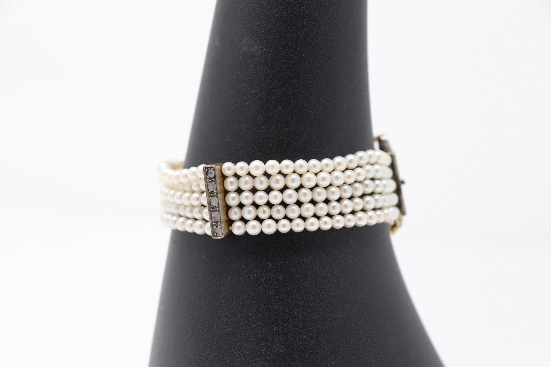 Bracelet with Five Strands of Pearls, Gold and Silver, 1980s For Sale 3