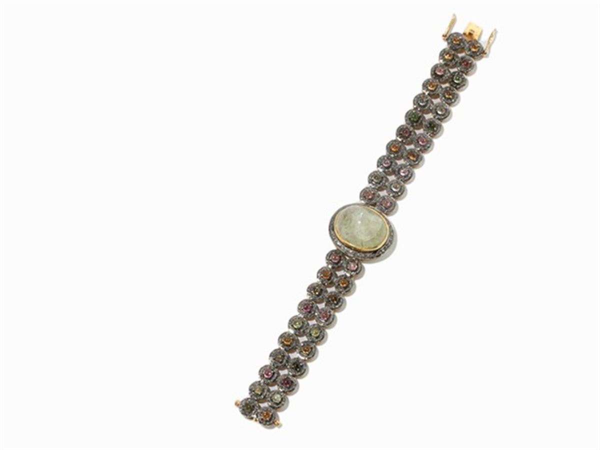 Old Mine Cut Bracelet with Green Rock Crystal Cabochon, Gold-Plated Silver