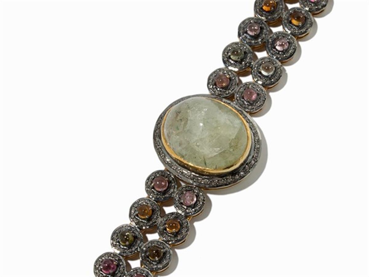 Bracelet with Green Rock Crystal Cabochon, Gold-Plated Silver In New Condition In Bad Kissingen, DE