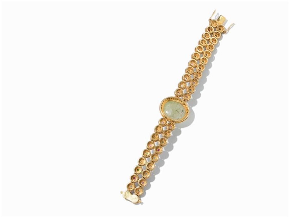 Women's Bracelet with Green Rock Crystal Cabochon, Gold-Plated Silver