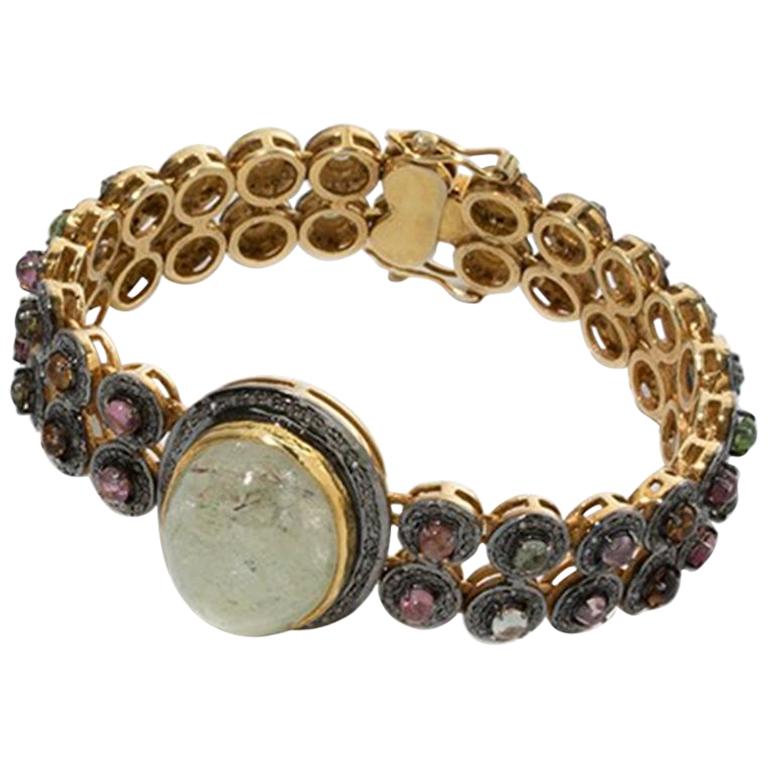 Bracelet with Green Rock Crystal Cabochon, Gold-Plated Silver