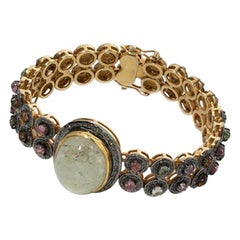 Antique Bracelet with Green Rock Crystal Cabochon, Gold-Plated Silver