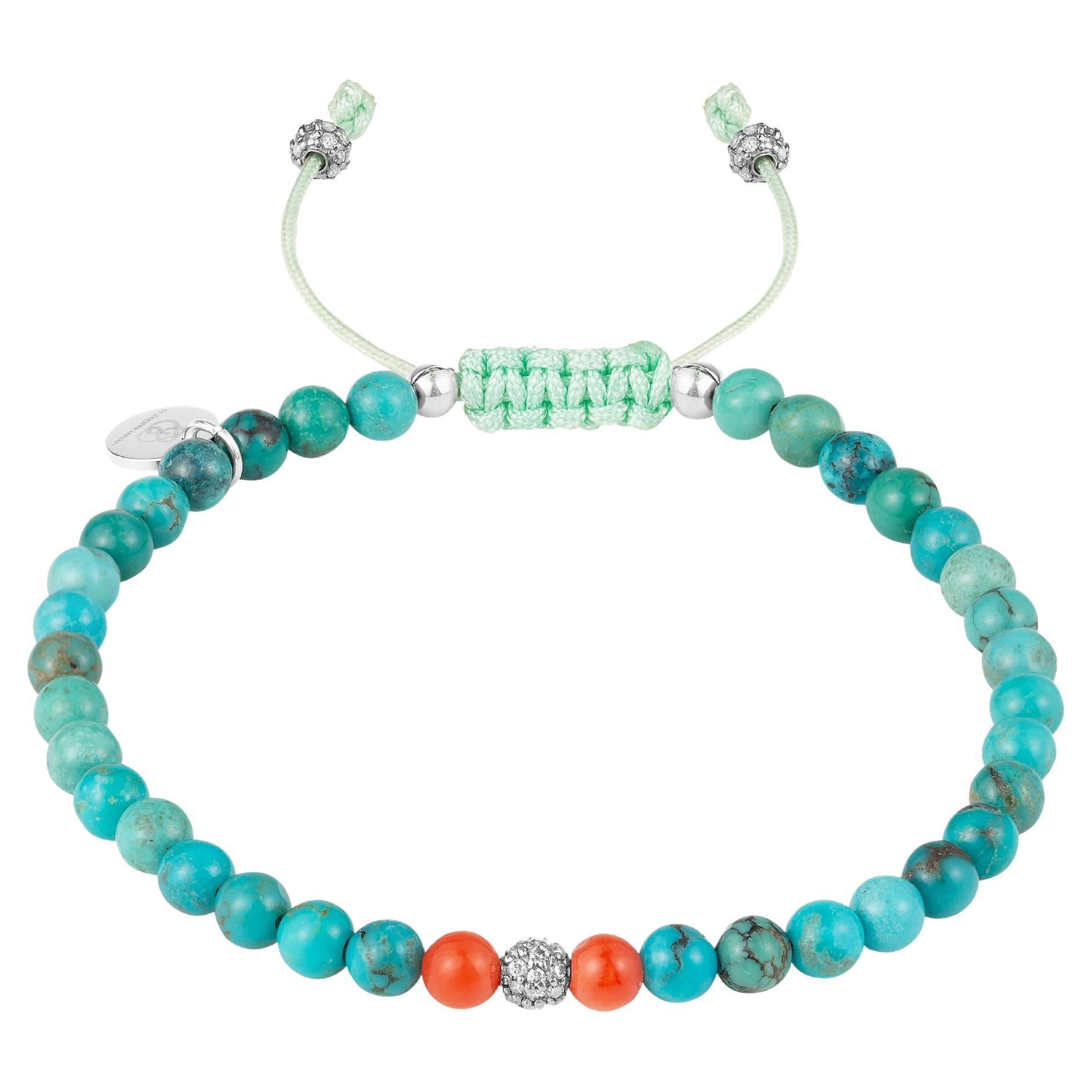 Bracelet de perles avec mini perles de turquoise naturelle et de diamants en vente