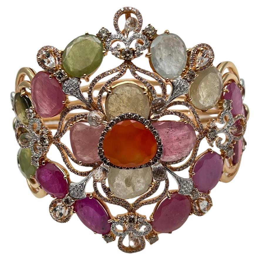 Bracelet with Multi Color Sapphires Fancy Shape Rose Cut 18K Rose Gold Bangle
