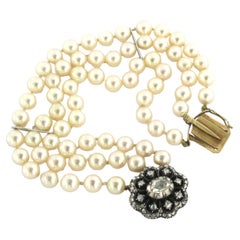 Bracelet with pearls and rose cut diamonds up to 1.20ct 14k gold and silver