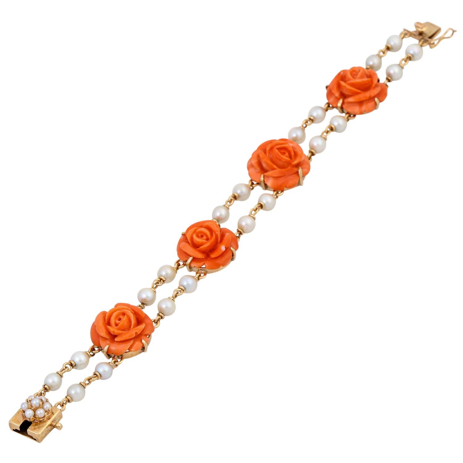 Modern Bracelet with Precious Coral Cut in the Shape of a Rose For Sale