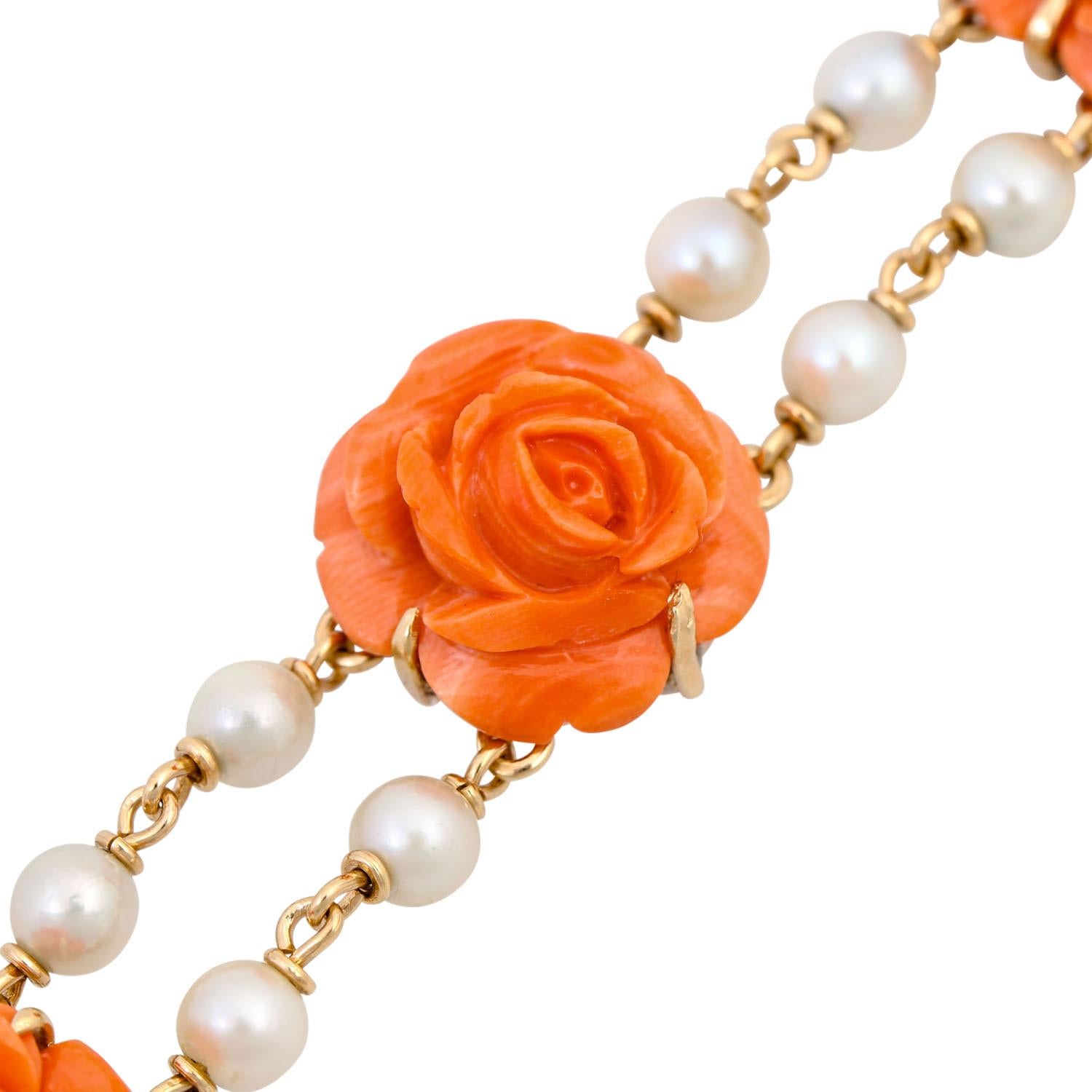 Kite Cut Bracelet with Precious Coral Cut in the Shape of a Rose For Sale