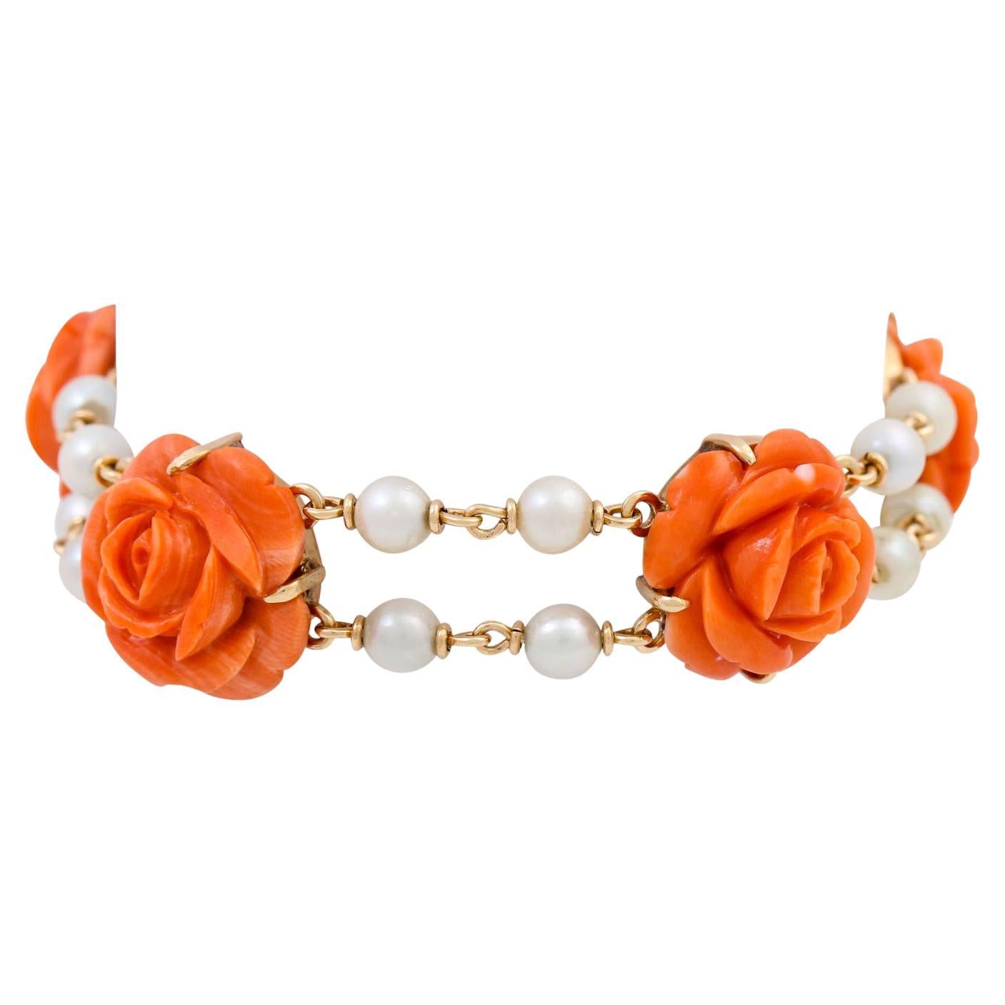 Bracelet with Precious Coral Cut in the Shape of a Rose For Sale
