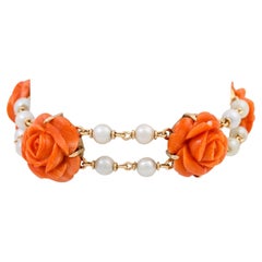 Bracelet with Precious Coral Cut in the Shape of a Rose